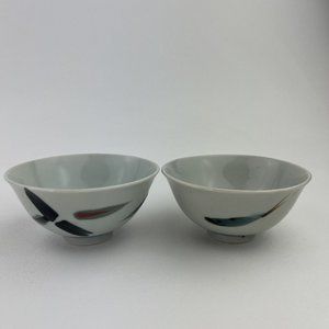 Lot of 2 Porcelain Hand Painted China Rice Soup Bowls White Blue 4.5" Vintage